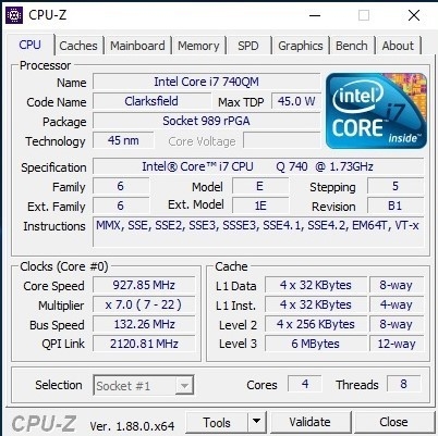 CPU Z Core i7-740QM
