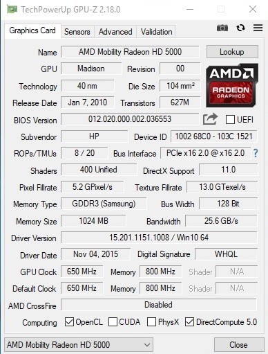 GPU Z AMD FirePro M5800 (Mobility Radeon 5730)