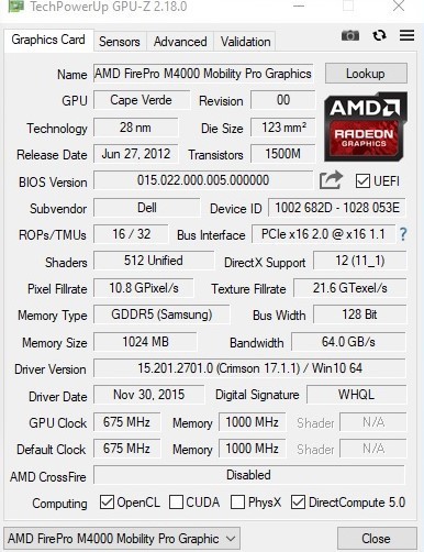 AMD FirePro M4000 (Mobility Radeon 7770)